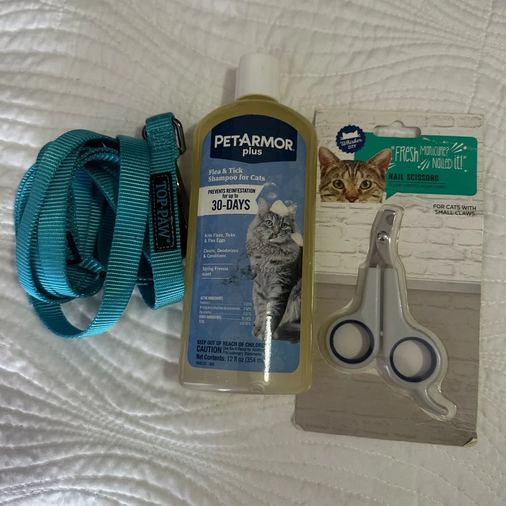 Cat- shampoo, cat leash, and cat nail scissors